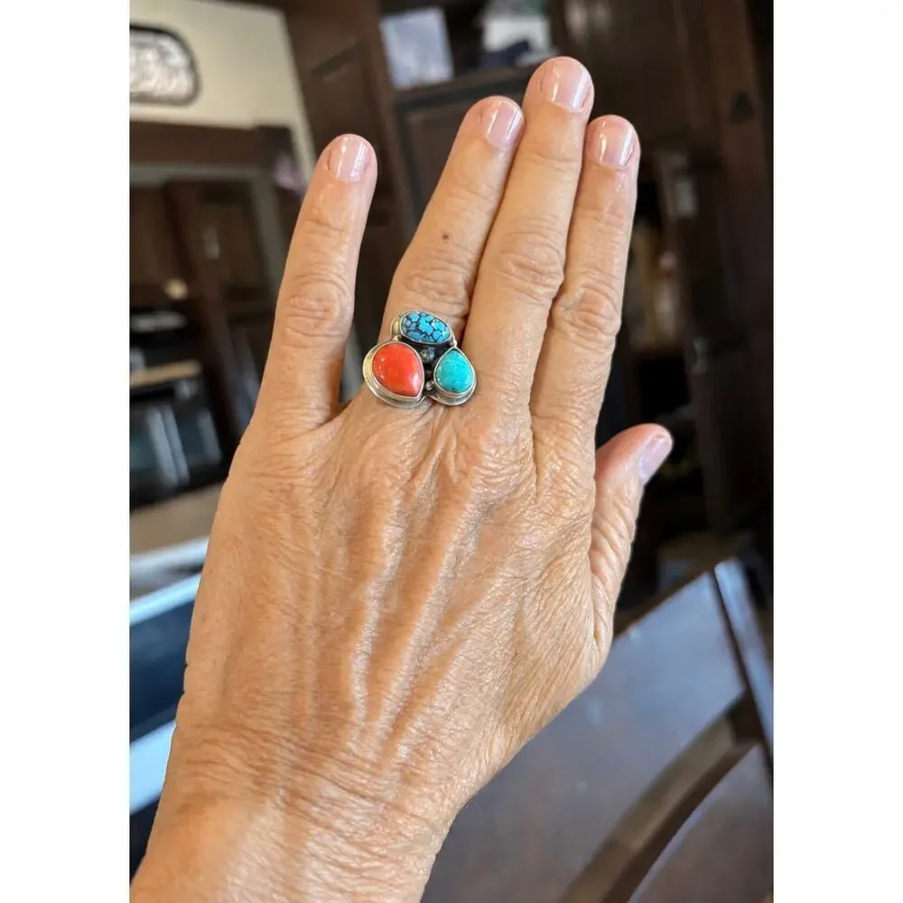 Three stone Turquoise & REd Coral Ring in Sterling Silver